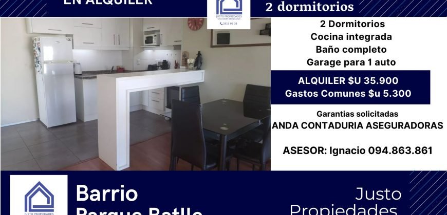 En Alquiler Luminoso apto 2 dormitorios garage en Parque Batlle
