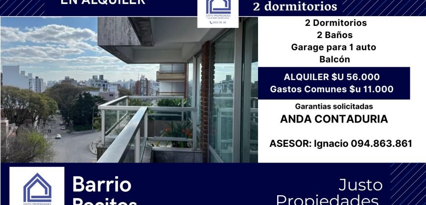 En Alquiler Hermoso apto de dos dormitorios dos baños y servicio en pocitos